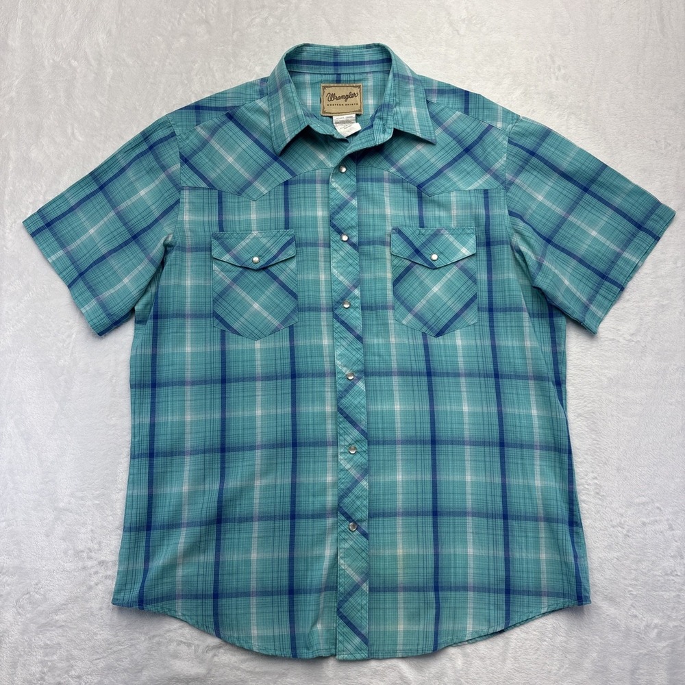 Wrangler Pearl Snap Western Shirt Mens L Teal Plaid Country Cowboy Core